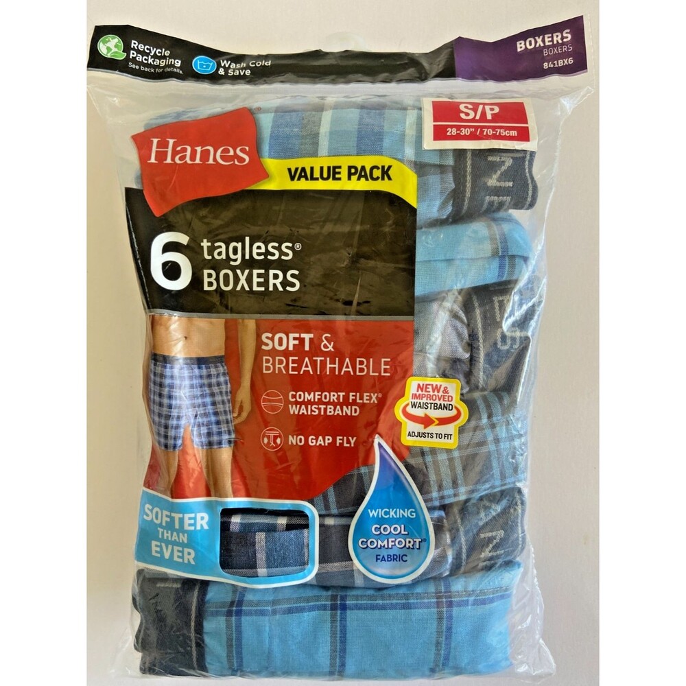 6-Pack HANES Men's Size S Tagless Boxers Wicking Cool Comfort  Plaid No Gap Fly